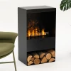 Steamy Opti-myst Fireplace – sleek black floor-standing vapour fireplace with remote control and realistic flame effect.