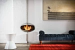 Cocoon Aeris Polished Steel ceiling-mounted bioethanol fireplace with a sleek steel pole, offering modern elegance and efficient